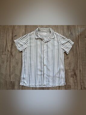 Porter & Ash linen blend Men's Short-Sleeve Vertical Stripe Shirt  White & Brown